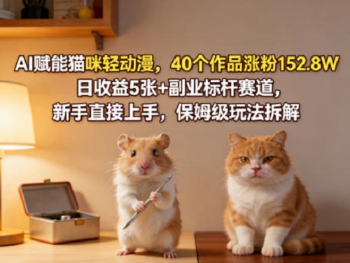 AI赋能猫咪轻动漫，40个作品涨粉152.8W，日收益5张+副业标杆赛道，新手直接上手，保姆级玩法拆解